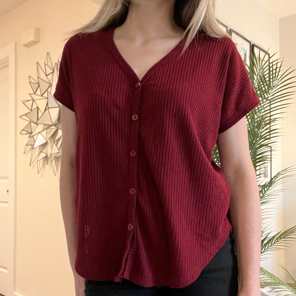 Maroon Textured Blouse with Button Detail